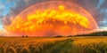 Full arch rainbow crowns a stunning golden wheat field, with a dramatic backdrop of fiery orange clouds at sunset