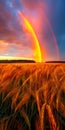 Full arch rainbow crowns a stunning golden wheat field, with a dramatic backdrop of fiery orange clouds at sunset