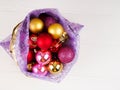 Full bag of gift boxes . Christmas ball ornaments. Time to make surprises, Christmas gift box and color balls Royalty Free Stock Photo