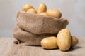 Full bag of potatoes. Burlap sack with potatoes