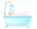 Full bath with bubbles and yellow duck. Cartoon bathtub icon