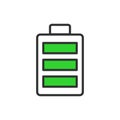 Full battery, in line design, green. Full, Battery, Charge, Power, Energy, Level, Indicator on white background vector