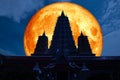 full blood moon back silhouette triple pagoda in night sky