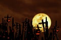 Full blood moon and silhouette cactus tree in the desert on night sky with ghost
