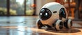 full-body android pet robot monitoring home security, protective stance, modern technology