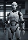 White humanoid robot with worn armor panels standing in industrial environment concept of AI durability and robotics for Royalty Free Stock Photo