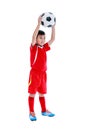 Full body of asian soccer player with football. Studio shot. Iso