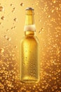 Full-body beer bottle, covered in condensation droplets, against golden backdrop with bubbles rising around. Royalty Free Stock Photo