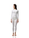 Full body brunette woman in white single use suit cloth ready for medical science research experiment full length