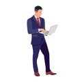 Full-body businessman with laptop flat vector design.Adult employee in suit stands to working.Smart Man holding computer