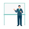 Full body businessman pointing at whiteboard explaining ideas for presentation training seminar and business communication Royalty Free Stock Photo