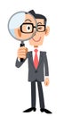 Full body of a businessman wearing glasses peeking through a magnifying glass