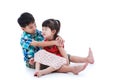 Full body. Elder brother is comforting his crying sister. Isolated on white background. Conceptual about familial love.