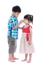 Full body. Elder brother is comforting his crying sister. Isolated on white background. Conceptual about familial love.