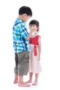 Full body. Elder brother is comforting his crying sister. Isolated on white background. Conceptual about familial love.