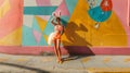 Full body female in feminine Easter bunny accessories against a vivid wall in contrasting colors, bright sunshine.