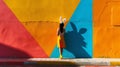 Full body female in feminine Easter bunny accessories against a vivid wall in contrasting colors, bright sunshine.