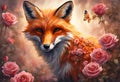 Vivid Rose Fox: Realistic Sunset Illustration Rose Flower Fox