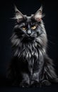 Full body front view studio portrait beautiful fluffy black maine coon cat sitting and looking in camera isolated on dark Royalty Free Stock Photo