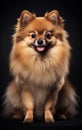 Full body front view studio portrait beautiful fluffy red german spitz sitting and looking in camera isolated on black