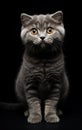 Full body front view studio portrait beautiful gray british cat sitting and looking in camera isolated on black background. Royalty Free Stock Photo