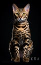 Full body front view studio portrait beautiful spotted bengal cat sitting and looking in camera isolated on black Royalty Free Stock Photo