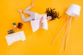 Full body high angle above flatlay photo of beautiful little lady lying hug pillow comfy floor near book shelf lamp open