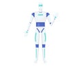 Full body humanoid robot standing, futuristic AI concept. Friendly android robot waving hand, white and blue colors