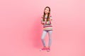 Full body illustration cute imagination ideas creative brainstorming confident schoolgirl look novelty isolated on pink