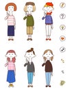 Full body illustration set of various young women who raise their index fingers