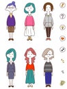 Full body illustration set of young women with various personalities