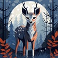 Deer standing in a serene autumn forest, under the full moon