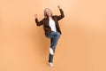 Full body length cadre of crazy funny woman support project team programmers best department fists up isolated on beige
