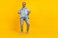 Full body length photo cadre of cool funky hipster man wear sunglass direct fingers you dude invitation isolated on Royalty Free Stock Photo