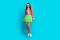 Full body photo of adorable girl lady posing wearing fashionable clothes blouse short skirt shoes  teal blue Royalty Free Stock Photo