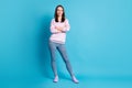 Full body photo of amazing attractive bossy lady hold arms crossed manager worker representative wear casual purple Royalty Free Stock Photo