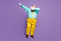 Full body photo of cool funky crazy overweight man dance dancer dabber on night club wear teal pants shine isolated over Royalty Free Stock Photo
