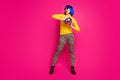 Full body photo of crazy clubber lady youth student costume party hold disco ball wear specs yellow turtleneck blue bob Royalty Free Stock Photo