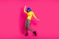 Full body photo of crazy funny lady youth strange moves students costume party wear specs yellow turtleneck blue bob wig Royalty Free Stock Photo