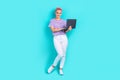 Full body photo of experienced programmer young girl developer create new code website promo laptop isolated on