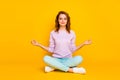 Full body photo of focused girl sit legs crossed train yoga exercise show omg symbol mediate with closed eyes wear