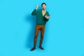 Full body photo of friendly candid guy showing v sign gesture holding pair fresh coffee morning breakfast isolated on