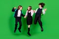 Full body photo of funky little girl boys jump talk wear school uniform shoes isolated on green background