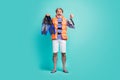 Full body photo of funny aged seaman underwater breathing equipment flippers tube mask diver wear striped sailor shirt Royalty Free Stock Photo