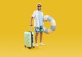 Funny young man in rubber ring hurrying up on summer holiday trip in office clothes. Royalty Free Stock Photo