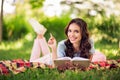 Full body photo of nice pretty charming woman write note creative enjoy lie blanket weekend outside outdoors park