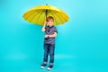 Full body photo of optimistic little boy hold umbrella wear t-shirt jeans sneakers isolated on teal background Royalty Free Stock Photo