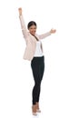 Full body picture of attractive brunette woman holding arms in the air