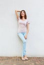 Full body portrait of beautiful female fashion model smiling Royalty Free Stock Photo