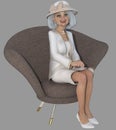 Full body portrait of a beautiful silver-haired older woman sitting on an upholstered chair on an isolated white backround